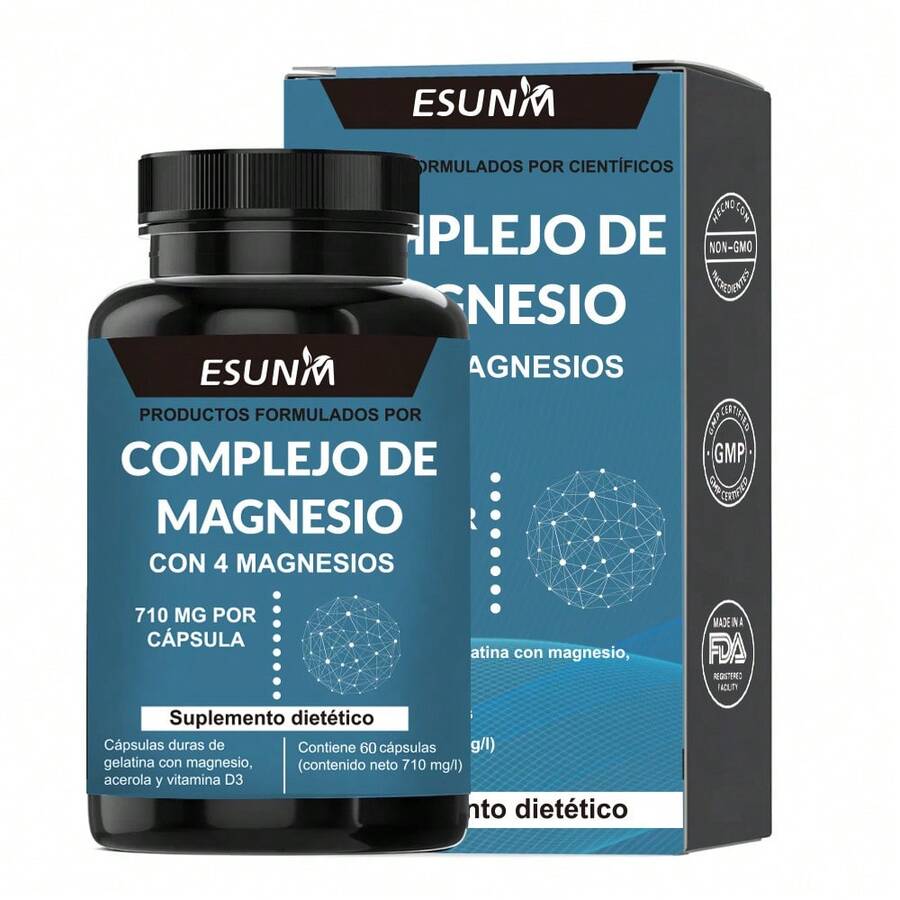 Complejo de Magnesio | Contiene 4 tipos de magnesio: Citrato de Magnesio, Glicinato de Magnesio, Gluconato de Magnesio y Óxido de Magnesio | 710mg de magnesio puro por cápsula | Suplemento Dietético sin Relleno - 60 Cápsulas - Otros - Ver 1