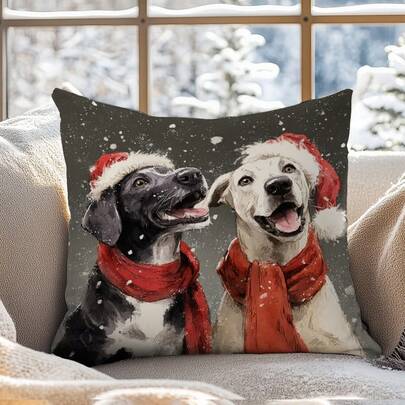 1pc Christmas Dog With Santa Hat Decorative Pillow Cover, Soft Peach Velvet Material, 45*45/50*50/40*40CM Cushion Cover Suitable For Room Decor, Indoor Living Room Sofa Decor, Party Decor, Decorative Pillow Gift