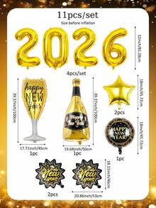 Zestaw 11 balonów dekoracyjnych na imprezę noworoczną 2026, zawiera złote balony z cyframi "2026", czarno-złote balony z liśćmi, złote balony z gwiazdkami, butelkę szampana noworocznego, kieliszek do szampana, balony "Wesołego Nowego Roku" przez cały rok, odpowiednie na imprezę noworoczną 2026, czarno-złota dekoracja na imprezę tematyczną, rekwizyty do fotografii noworocznej 2026, koktajlowe, urodzinowe, ślubne, rocznicowe