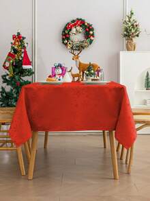 1pc Water-Repellent Snowflakes & Stars Pattern Jacquard Rectangular Multi-Size Tablecloth, Premium Satin Pattern Tablecloth, Washable Polyester Decorative Tablecloth, Suitable For Various Dining Occasions Including Christmas Party Themes - Red - View 5