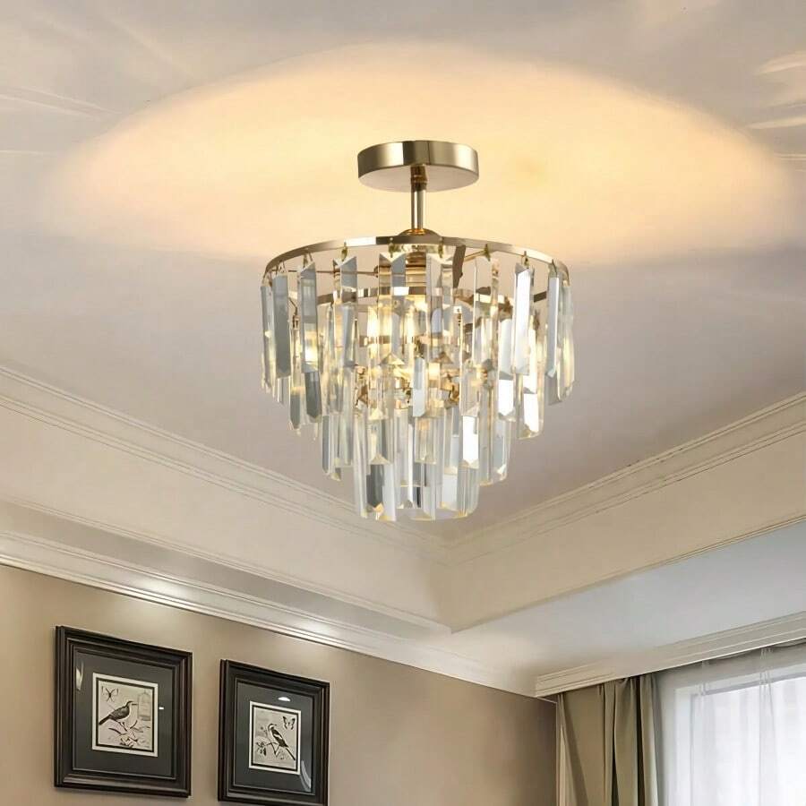 水晶金吊灯，轻盈奢华水晶吊灯，现代半吸顶式吊灯，E26灯泡底座，不含灯泡，适用于客厅、走廊、餐厅和卧室 - 20厘米/7.87英寸 - 查看 1