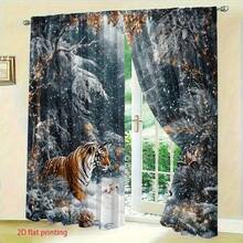 2 Stücke Tiger im Winter Wunder Vorhänge - Zedernwald Szenerie, goldene Dekoration, halbtransparente Polyester Vorhänge, Gardinenband Design, einfach aufzuhängen, Thanksgiving und ganzjährige Heimdekoration, geeignet für Wohnzimmer, Schlafzimmer, Büro, Küche, Esszimmer, Badezimmer, Arbeitszimmer, halbtransparente Vorhänge, Schlafzimmer Privatsphäre, klassischer Vorhangstil, strapazierfähiger Stoff
