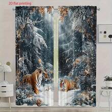 2 Stücke Tiger im Winter Wunder Vorhänge - Zedernwald Szenerie, goldene Dekoration, halbtransparente Polyester Vorhänge, Gardinenband Design, einfach aufzuhängen, Thanksgiving und ganzjährige Heimdekoration, geeignet für Wohnzimmer, Schlafzimmer, Büro, Küche, Esszimmer, Badezimmer, Arbeitszimmer, halbtransparente Vorhänge, Schlafzimmer Privatsphäre, klassischer Vorhangstil, strapazierfähiger Stoff