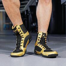 Sapatos de luta livre masculinos, sapatos de boxe de cano alto, sapatos de treino, botas de kickboxing, sapatos de artes marciais para fitness, sapatos esportivos profissionais de alta qualidade para homens, confortáveis, antiderrapantes, duráveis, respiráveis, com suporte para o tornozelo e sola texturizada. - Ouro Negro 25012 - Ver 4