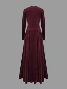 فستان أنيق للنساء بياقة على شكل حرف V وأكمام طويلة للخريف/الشتاء من القطيفة، بلون أحادي، قماش مُحبك أنيق مع حافة مكسرة، ثوب سهرة رسمي - الأحمر - مشاهدة 3