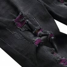 Men's Slim-Fit Stretch Jeans - Purple Distressed Skinny Jeans, Fashionable Distressed Straight-Leg Comfortable Stretch Mid-Rise Trousers, Men's Trousers, Men's Athletic Pants - 黑色 - 查看 4