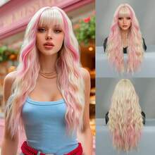 7JHH WIGS Long Wave Blonde & Pink Highlight Wigs For Women - Loose Fluffy Wavy Curly Wig With Bangs, Full Machine High Density Synthetic Heat Resistant Fiber Hair, Exaggerated Style Anime Halloween Costume Wigs For Cosplay Wear, Masquerade Ball & Music Festival Carnival Party Use 26 Inch - 粉色 - 查看 11