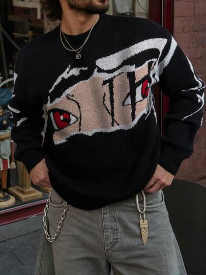 Men's Loose Casual Solid Color Knitted Sweater With Anime Girl Eye Print, Street Style Long Sleeve Crew Neck Pullover, Suitable For Autumn And Winter