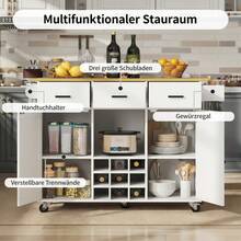 Dining Cart, Kitchen Cart, Removable Dining Cart With Worktop, Towel Rail And Spice Rack, Adjustable Dividers, Buffet Cabinet, Kitchen Cabinets, Tabletop With Wood Grain, White