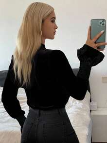 Livesso Women Black Flare Sleeve Pullover Blouse,Long Sleeve Tops Fleece Lined Fall,Winter