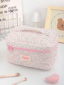 1个粉色碎花绗缝大容量化妆包，时尚便携化妆包，女孩旅行化妆包，多功能收纳包，可装口红、卫生巾、硬币、钥匙、发夹、发圈等，可爱洗漱包，旅行化妆收纳包，母亲节礼物，开学礼物，新年礼物 - 粉色 - 查看 12