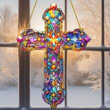 2D Flat Acrylic Window Decoration Ornament, Cross Style Acrylic Sun Catcher - Suitable For Window Decoration, Garden, Courtyard Decoration, Religious Gifts, Holiday Home Decoration, Multifunctional Garden Style - Multicolor - View 2