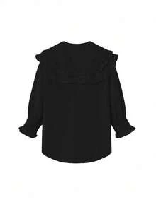 女士纯色荷叶边纽扣休闲衬衫 - 黑色 - 查看 2