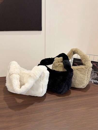 1pc Handbag Furry Soft Skin-Friendly Autumn And Winter Zipper Opening And Closing Casual Versatile Lightweight Handbag, A Variety Of Color Options, To Meet Basic Storage Needs, Suitable For Travel, Shopping, Travel And Other Occasions, Halloween, Thanksgiving, Christmas