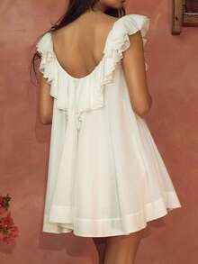 Women Y2K Ruffle Babydoll Mini Dress Cute V Neck Sleeveless Flowy Sundress Solid Color Loose Sling Dress Summer Going Out Dresses - 白色 - 查看 4
