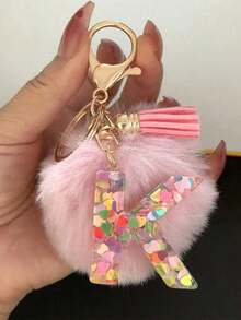 1 Pc Alphabet Initial Letter Keychain Cute Plush Pom Key Chain Ring Bag Backpack Charm Car Hanging Pendant Women Girls Gift,Cute Sequins Resin Key Chain,Wallet And Handbag Accessories, Keychain With Tassels,Alphabet Initial Letter A-Y School - 粉色 - 查看 7