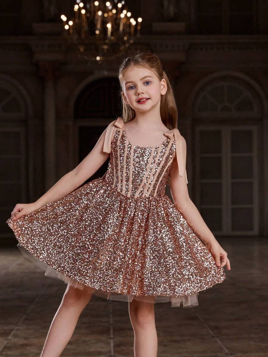 ALISA&LEO Sparkling Wide Strap A-Line Sequined Girls' Formal Dress For Galas, Evening Parties, Black-Tie Events, Awards Ceremonies, Grand Balls