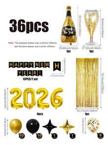 36 件 2026 新年气球套装，包含 2026 金箔气球、新年快乐横幅、乳胶气球、新年叶气球、酒瓶和香槟形气球，适用于 2026 黑金新年派对、除夕装饰、生日、毕业典礼、拍照道具、节日装饰 - 彩色 - 查看 8