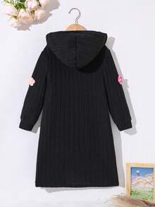 女童花卉刺绣连帽长款开衫，时尚可爱，秋冬 - 黑色 - 查看 2