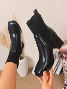 秋冬女士时尚靴，高跟弹力靴，女士踝靴，百搭时尚靴，派对靴 - 黑色 - 查看 2