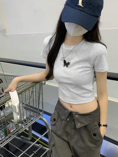 Solid Color Butterfly Print Round Neck Casual Short Sleeve Fitted Women T-Shirt, Spring/Summer
