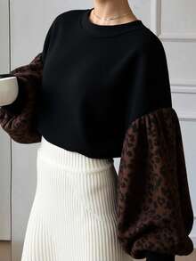 Livesso 女式圆领落肩宽松豹纹拼布运动衫，秋冬 - 卡其色 - 查看 1