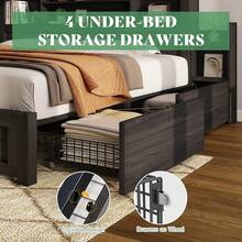 Bed Frame With 4 Storage Drawers, 49.6 Inch LED Bookcase Headboard, And Charging Station, Full/Queen/King Size Wooden Platform Bed With 2 Sliding Bedside Shelves For Smart Storage - Xem 7