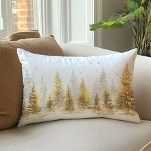 1pc Christmas Minimalist Golden Christmas Tree Pillow Cover, Single-Sided Soft Peach Velvet Fabric, 30*50cm/40*60cm Cushion Cover Suitable For Indoor Decor, Party Decoration, Decorative Pillow Gift