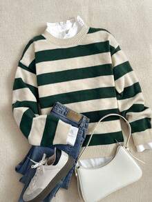 优雅休闲秋冬保暖针织套头衫绿色条纹舒适亲肤圆领长袖针织套头衫，女士秋季服装，女士冬季服装，秋季上衣，工作/办公室，商务休闲女士 - 綠色 - 查看 3