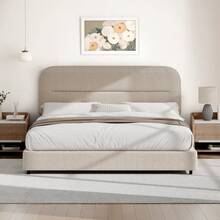 Boucle Upholstered Bed Frame, Upholstered Platform Bed With Headboard And Footboard, Modern Bed Frame Twin/Full/Queen/King, Black / Grey/ White/ Beige/ KhakiTwin Size Boucle Bed Frame/ Full Size Boucle Bed Frame/ King Size Boucle Bed Frame - Màu Khaki - Xem 14