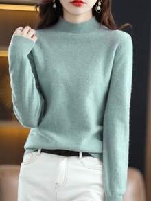 100% 美利奴羊毛女士毛衣柔软保暖立领套头衫秋冬毛衣单线无缝毛衣 - 薄荷綠 - 查看 7