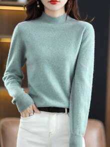 100% 美利奴羊毛女士毛衣柔软保暖立领套头衫秋冬毛衣单线无缝毛衣 - 薄荷綠 - 查看 5