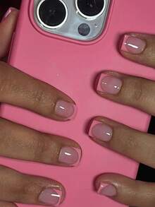 24片短方形按压式美甲贴片，粉色法式美甲，简约风格，亮面全覆盖假指甲，适合女性和女孩日常佩戴的美甲用品 - 粉色 - 查看 1