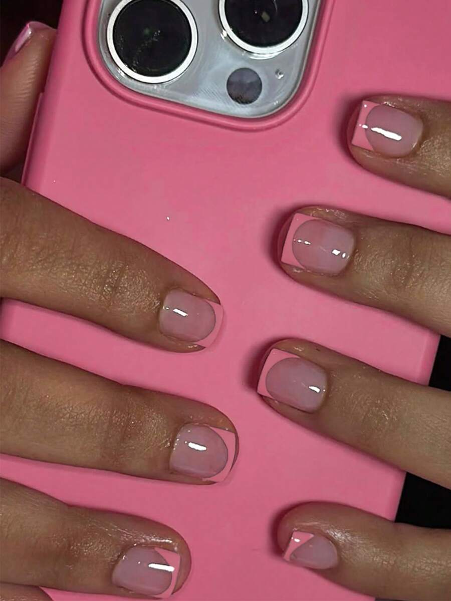 24片短方形按压式美甲贴片，粉色法式美甲，简约风格，亮面全覆盖假指甲，适合女性和女孩日常佩戴的美甲用品 - 粉色 - 查看 1