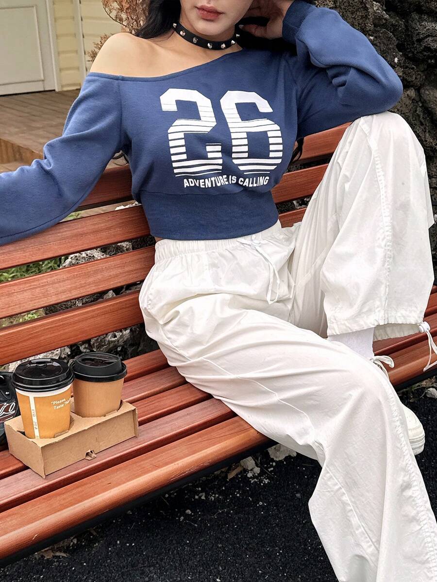 Never me 女式休闲运动露肩性感长袖撞色印花套头衫,春秋季 - 藏蓝色 - 查看 1