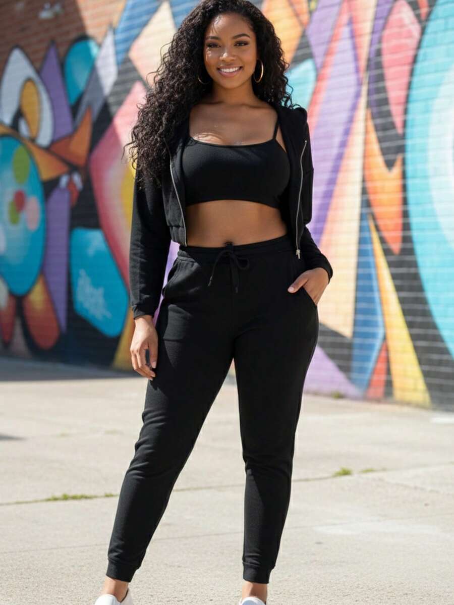 Stylish Knitted Long Sleeve Cropped Jacket, Camisole Top And Long Pants Set For Women Casual Drawstring Elastic Waist Loungewear Three Piece Outfit - màu đen - Xem 1