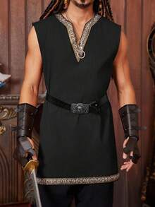 Runcati Men's Medieval Pirate Sleeveless Tunic Renaissance Knight/Viking Style Halloween LARP Costume Shirt - màu đen - Xem 1
