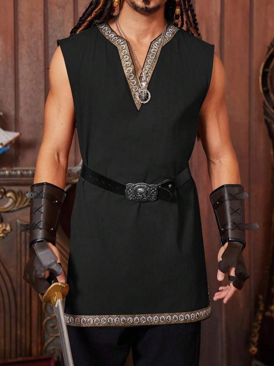 Runcati Men's Medieval Pirate Sleeveless Tunic Renaissance Knight/Viking Style Halloween LARP Costume Shirt - màu đen - Xem 1