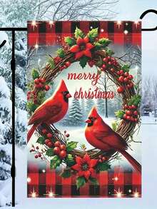1 Peça Bandeira de Jardim Flor de Bispo Vermelha de Natal - Bandeira de Boas-Vindas Comemorativa de Poliéster, Impressão Bidirecional Multifuncional de Feriado, 45 x 30 cm, Decoração Externa para as Estações de Outono, Inverno, Halloween, Ação de Graças e Natal