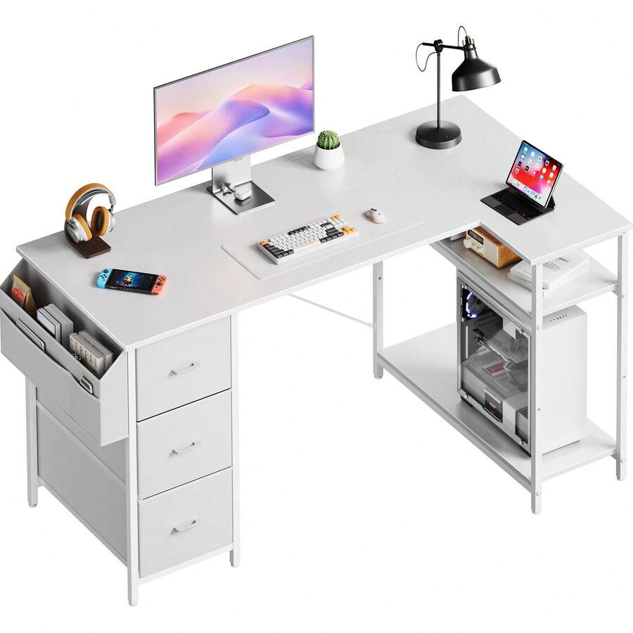 HLONONE Desk 120/140 Cm With 3 Fabric Drawers & Storage Bag, Corner Computer Desk With Shelves For Office & Home Office, 4 Colors - 白色 - 查看 1
