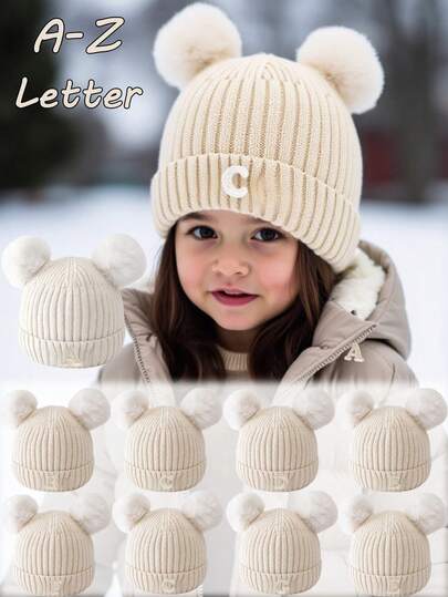 1PC A-Z 0-3Y Winter Warmth, Double-Layer Thickening Baby Wool Knitted Bonnet Newborn Baby Hat Double Pompom Cute Hat For Kids Boys Girls Children Beanie Cap