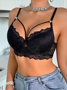 Czarna seksowna damska bielizna koronkowa wygodna bielizna push-up oddychający biustonosz z cienkimi miseczkami marszczony