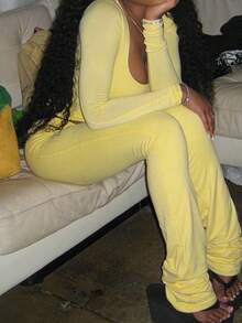 Onicee 女士夏季两件套，黄色方领褶皱长袖上衣和休闲裤，适合情人节、约会、聚会、派对、旅行、度假、海滩等场合。 - 黃色 - 查看 5