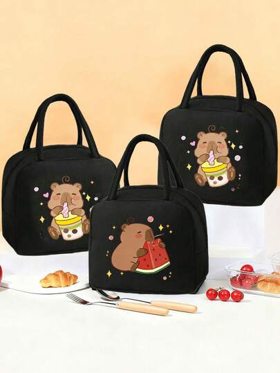 Portable Double Deck Insulated Lunch Bag,Capybara Pattern Lunch Bag For Kids Leak-Proof,Reusable Food Cooler Tote Handbag For School, Suitable For Boy And Girl, Adjustable Shoulder Strap Thermal Cooler Bag, Perfect For Work, Office, Picnic, Beach,Insulated & Travel, Picnic, Beach
