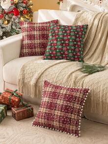 Christmas Snowflake & Plaid Print Pom Pom Trim Cushion Cover Without Filler - Nhiều màu - Xem 8