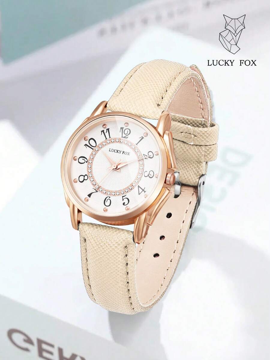 LUCKYFOX 1件裝盒青年學生小眾小巧水鑽復古圓殼休閒精緻PU皮革錶帶手錶,適合日常配戴,萬聖節、聖誕節禮物 - 白色 - 查看 1