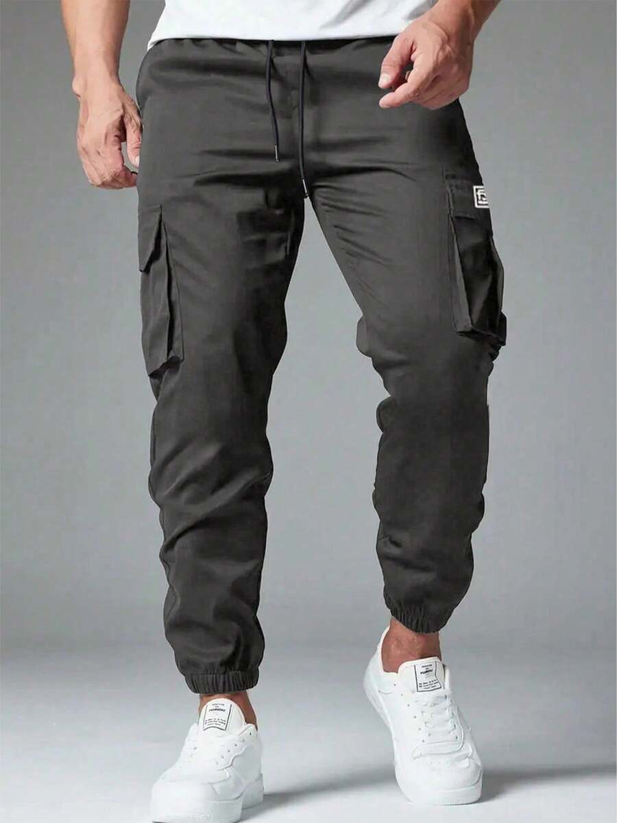 Men's Casual Outdoor Cargo Pants, Fashionable Drawstring Waist Workwear Trousers Spring Sports - Grey - View 1