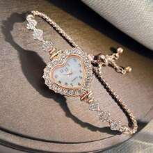 1pc Women's Heart-Shaped Rhinestone Dial Arabic Numeral Display Pull Tab Chain Fashion Convenient Quartz Watch - Vàng hồng - Xem 5