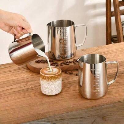 Taza con pico puntiagudo de acero inoxidable con tapa para arte de latte, taza medidora graduada, jarra para arte de café latte, jarra para espumar leche