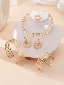 Set de 6 piezas de brazalete, collar, anillo, brazalete y aretes de metal dorado con textura espiral exagerada y sexy, adecuado para uso diario y de fiesta de mujeres